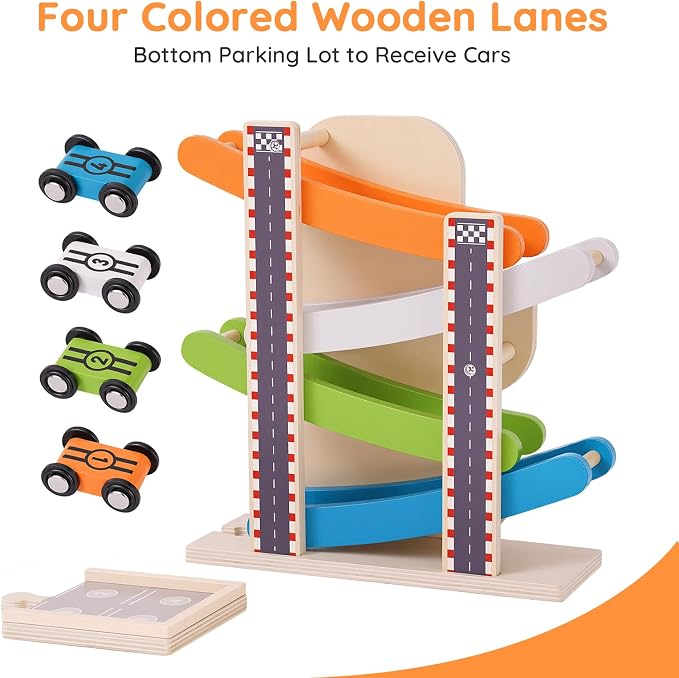 Busy edition Car Ramp Toys for 1 Year Old Boy Gifts, Montessori Toys for 1 Year Old, Wooden Race Car Track for Toddlers 1-3, Toy Cars Ramp with 4 Mini Cars & Parking Lots, 1st Birthday Gifts Boy