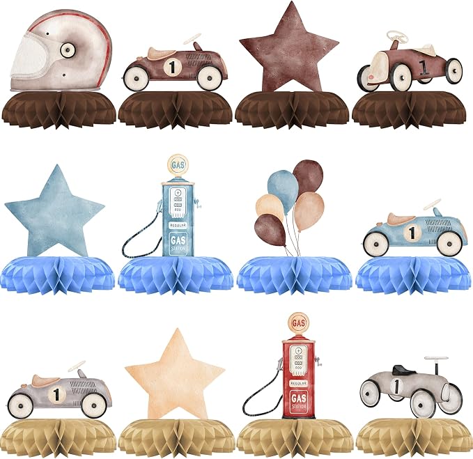 Vintage Race Car 1st Birthday Honeycomb Centerpieces 12 Pack, Race Car First Birthday Decorations, Boy First Birthday Race Car Theme Party Table Centerpieces, Retro Racing Party Supplies