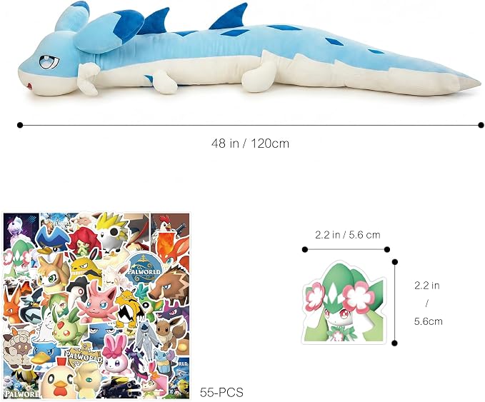 56-PCS Chillet Plush Toy Set | 1 Blue Chillet Plush + 55 Palw0rid Themed Stickers | 47 Inch Ultra Soft Dragon Stuffed Creature Figure | Cute Dino Stuffed Animal Pillow | Ideal Gift for Game Enthusiast
