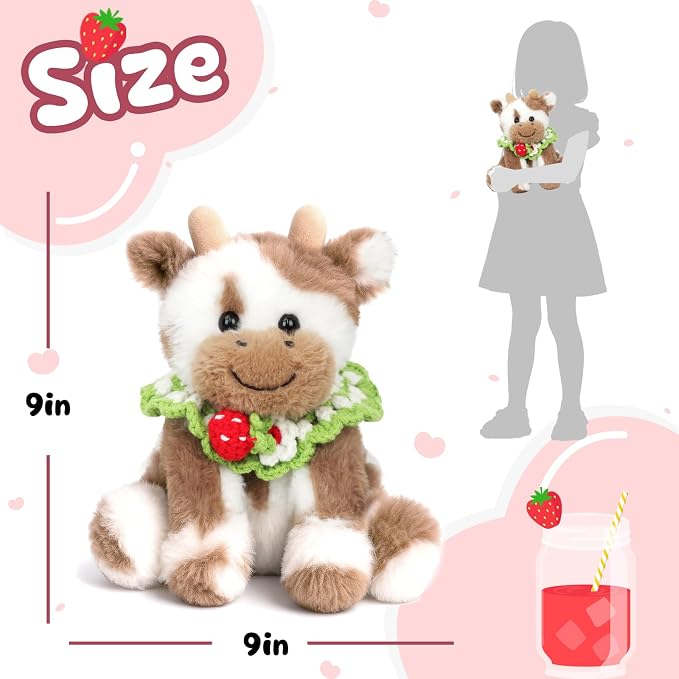 Hopearl Adorable Plush Cow Toy with Knitted Cute Strawberry Bib Floppy Dairy Cattle Soft Stuffed Animal Kawaii Gift for Boys Girls Kids Toddlers, Light Brown, 9''