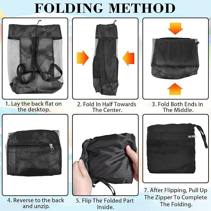 INVODA Mesh Beach Bag Drawstring Beach Backpack Foldable Toy Organizer Bag Shell Adjustable Straps Large Capacity Swim Bag