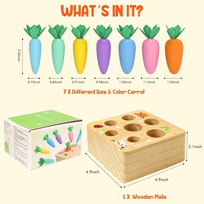 Wdmiya Montessoritoys for 1 Year Old, Wooden Toys Developmental Shape Sorting & Matching Puzzle Macaron Carrots Harvest Game, Birthday Gifts for Toddlers Babies Boys and Girls 6-12 Months Christmas