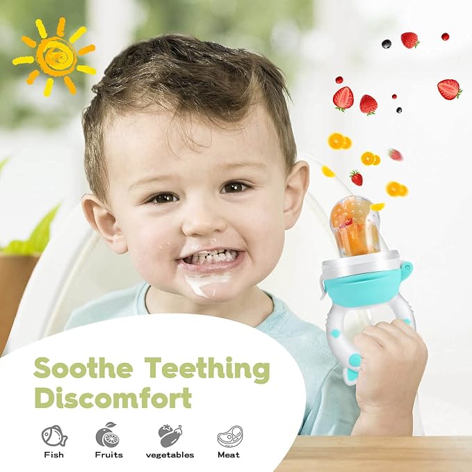 Baby Fruit Food Feeder Pacifier - Fresh Teething Pacifiers, Infant Fruit Teething Teether Toy for 3-24 Months, 6 Pcs Silicone Pouches for Toddlers & Kids & Babies, Piggy Handle 2-Pack (Pink & Gray)