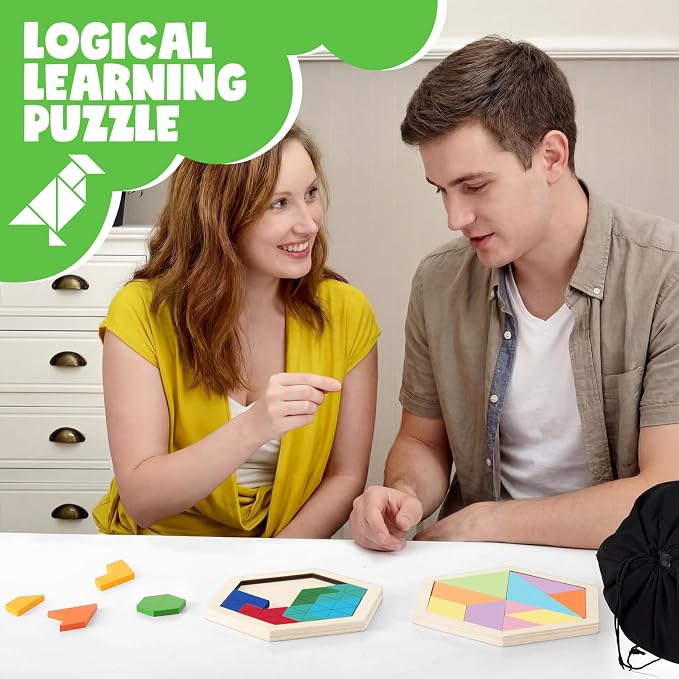 Yunsailing 3 Pack Large Wooden Blocks Puzzles Hexagon Tangram Puzzle Wooden Russian Brain Puzzles for Adult Challenge Teasers Geometric Jigsaw Logic Iq STEM Educational Gift Graduation(Classic)