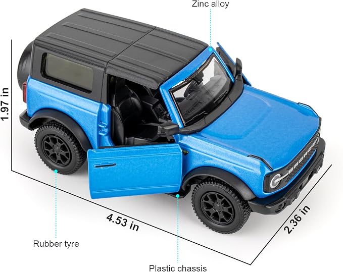 1:36 Ford Bronco Badlands 2dr Toy Car, Diecast Pull Back Model Car, Doors Open, Collection Kids Toy for Aged 3 and up, Gift Blue