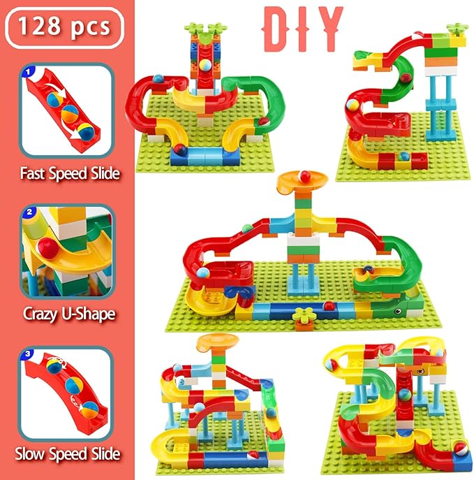 Anpcso Marble Run Building Blocks for Kids Age 3-8, 128 Pcs STEM Building Bricks Set with Toss Ring Game, Educational Learning Toys for Toddlers Boys Girls Gifts- Compatible with All Major Brands