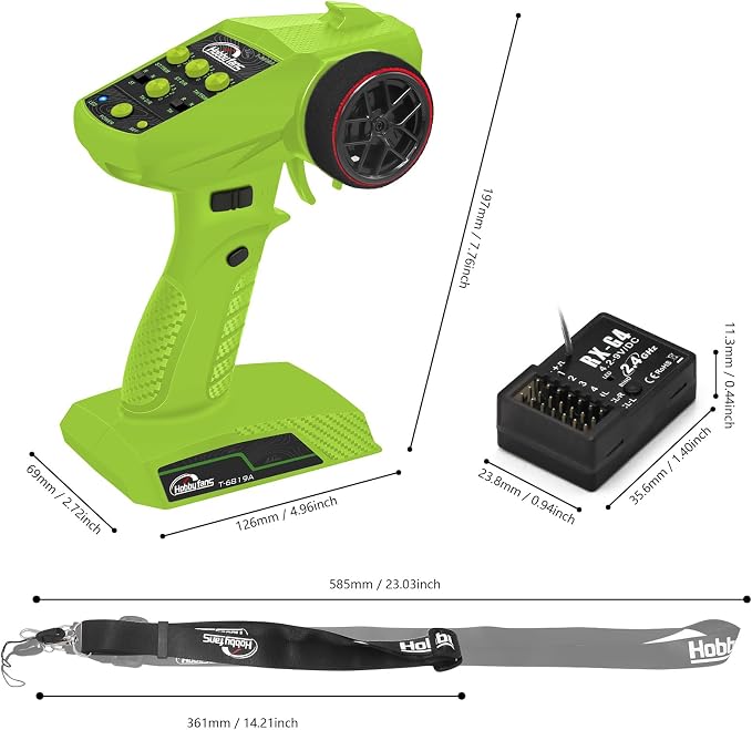 RC Radio System 4CH 2.4G RC Transmitter with Receiver and Lanyard Anti-Jamming Remote Controller for RC Car Crawler Boat, Green & Black