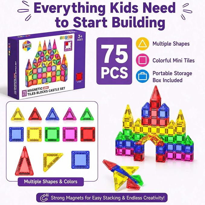 Mini Magnetic Tiles - 75 PCS Travel Magnetic Tiles, Micro Magnet Travel Toy for Kids Ages 3+, STEM Educational Building Set Construction Toys, Boys Girls Toddlers Birthdays Day Gifts