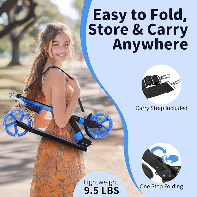 BELEEV V8 Scooters for Kids Ages 6+ with Light-Up Deck, 2 Wheel Folding Scooter for Kids, 4 Adjustable Height, Lightweight Sport Commuter Scooter, Sturdy Frame