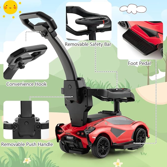 INFANS 3 in 1 Ride on Push Car, Licensed Lamborghini Baby Stroller Sliding Walking Car with Parent Control Handle, Music, USB, Headlight, Under Seat Storage, Foot-to-Floor Toy for 18-60 Months (Red)