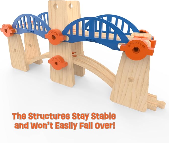 Wooden Train Track Accessories Build & Play Construction Set 90 PCS Ultimate Elevated Railway STEM Toys Track Expansion Pack Ascending Tracks Risers Bridges Tunnel Stop Go Gate Compatible Thomas Brio
