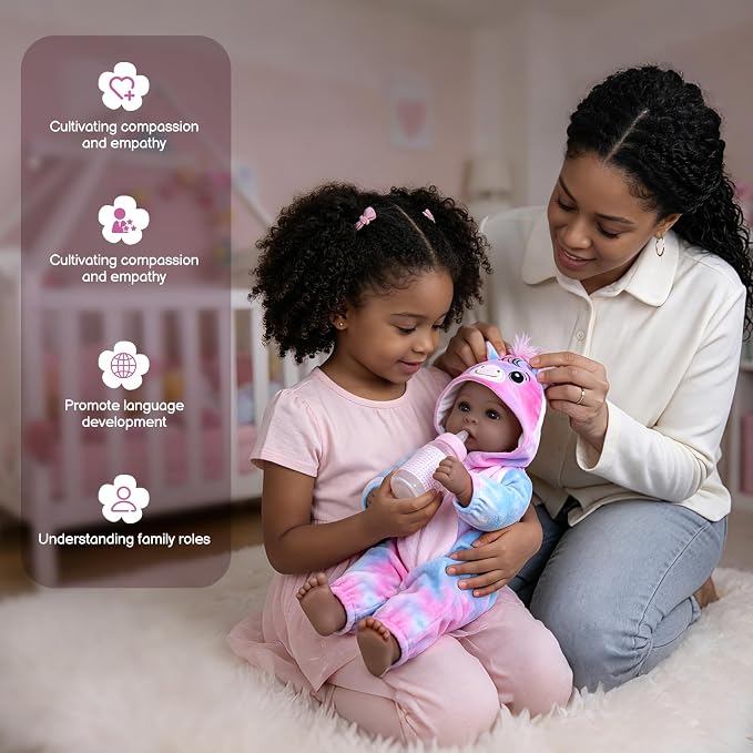 Aori 17 Inch Black Lifelike Baby Dolls Realistic Black Girl Doll with Soft Lightweight Body, Colorful Pony Outfit & Feeding Accessories, for Girls Age 3+