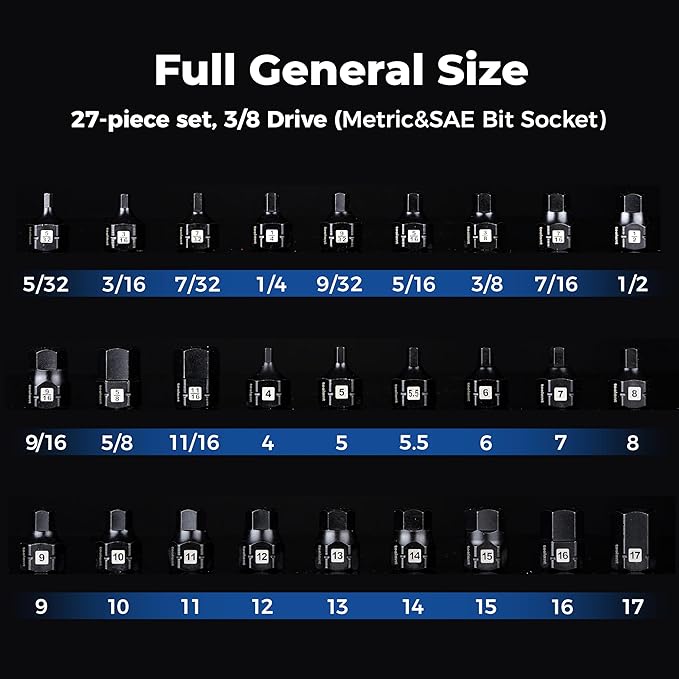 toolant 3/8"drive impact hex bit socket set 27PCS,Hex Drive, SAE/Metric, 5/32"-11/16",4mm-17mm, S2 Steel Air Drive Allen Socket set,Impact Grade，Anti-Roll Design
