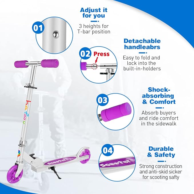 BELEEV V1 Scooters for Kids, 2 Wheel Folding Kick Scooter for Girls Boys, 3 Adjustable Height, Light Up Wheels, Lightweight Scooter with Sturdy Frame, Kickstand for Children 3 to 12 Years Old