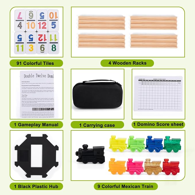 Mexican Train Dominoes Set with 4 Wooden Trays - Double 12 Dominoes Game with 91 Number Tiles, Portable Carrying Case & Accessories - Classic Family Table Game for Kids, Adults & Travel