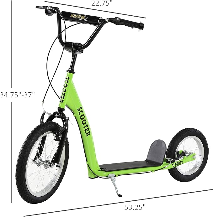 Aosom Youth Scooter Kick Scooter for Kids 5+ with Adjustable Handlebar 16" Front and 12" Rear Dual Brakes Inflatable Wheels