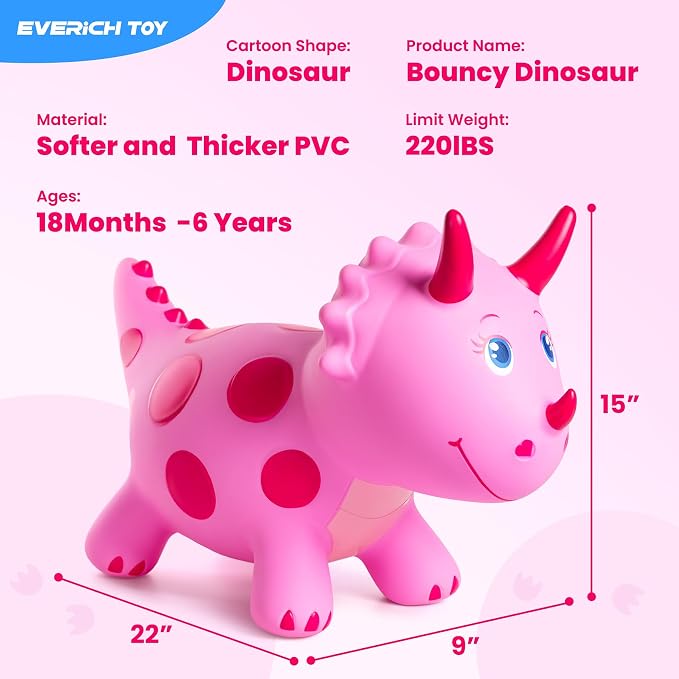 Dinosaur Bouncy Animal Toys, Pink Triceratops Bouncer, Ride on Bounce Hopper for Kids 2-5 Indoor Outdoor Activity Birthday for 18 Months 2 3 4 Years Old Boys