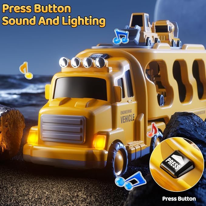 Construction Truck Toys Set for Kids Aged 1 2 3 4 5 6 7 8, Truck Playset with Toy Car, Light and Sound, Movable Parts Construction Toys for Toddlers, Birthday Gifts for Boys Girls 2-4 4-7