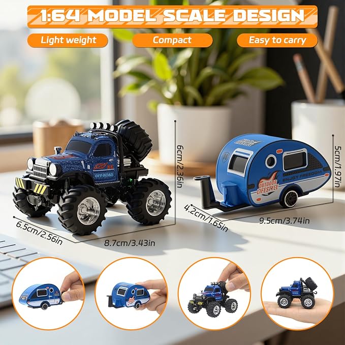 Snugzy Mini RC Car 1:64 Scale RC Truck for Kids with Trailer 2.4Ghz Remote Control Rechargeable RC Cars Toy Gifts for Boys Girls Adult (Blue)
