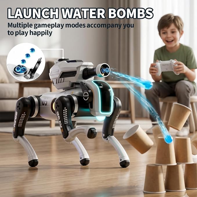 Remote Control Robot Dog Toy with Safe Soft Projectile Launcher, Upgraded Stable RC Smart Puppy with 30+ Stunts, Smart Programmable Interaction, Screen-Free STEM Gift for Kids Age 6-12(White)