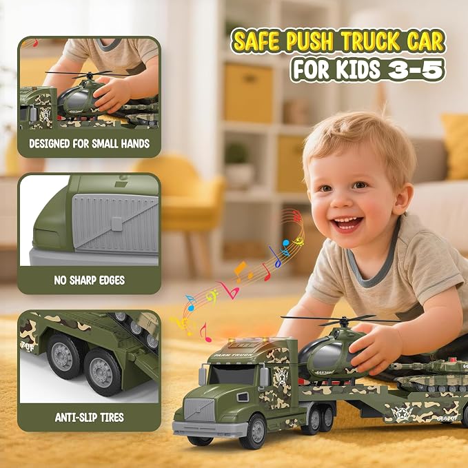 Toddler Toys for 3 4 5 6 Year Old Boys - 27" Large Semi Army Truck Toy with Tank and Helicopter, 3-in-1 Friction Powered Transport Vehicle with Lights Sounds, Christmas Birthday Gifts for Boys