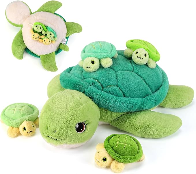 gnomantic Turtle Stuffed Animals with Babies Inside, Mommy Toy for Kids | 5-Piece set: 1 mommy turtle + 4 baby turtles inside. Unzip belly to reveal surprise babies. Ultra-soft, ages 3-8.