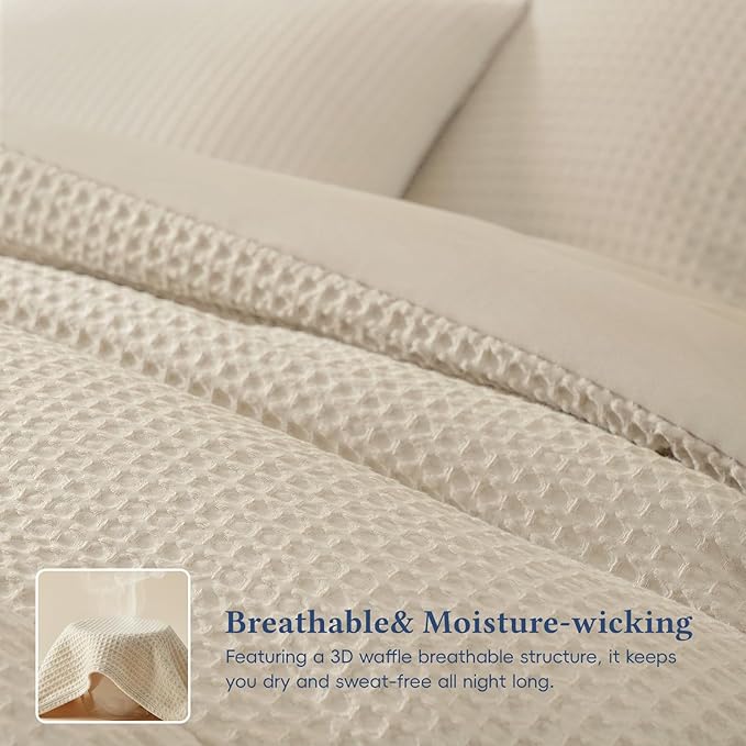 David's Home Waffle Weave Comforter Set 3PCS California King Size, Soft Breathable Lightweight Skin-Friendly Warm for All Season, Elegant Aesthetic Home Decor Bedding Set with Pillow Shams, Linen
