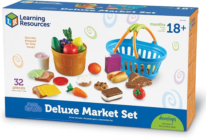 Learning Resources New Sprouts Deluxe Market Set - Pretend Play Kitchen, Fruit Basket, Toddler Outdoor Play Food Toys, Kids Playset, Shopping Basket, Fine Motor Skills, Montessori Sensory Cooking