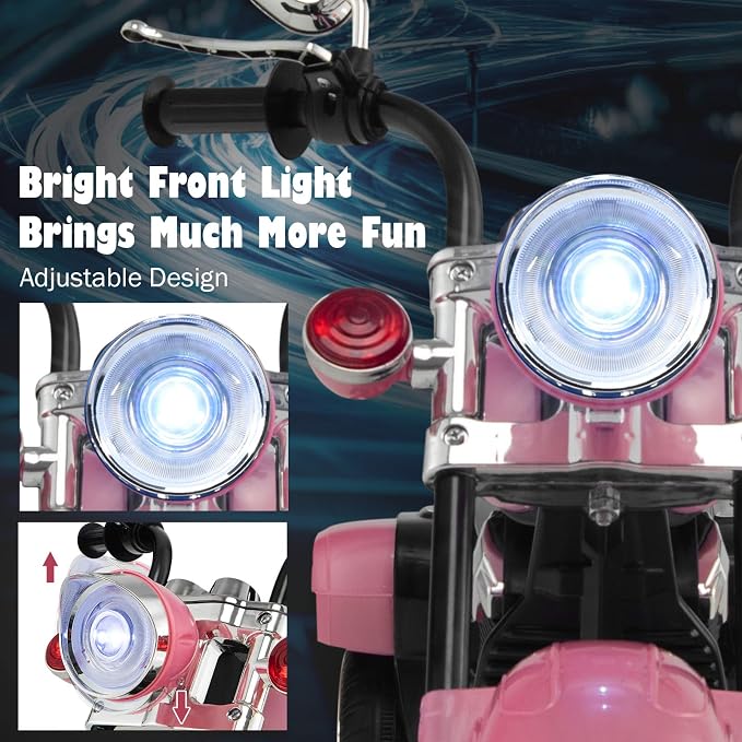 Costzon Kids Motorcycle, 6V Battery Powered Ride on Chopper Motorcycle w/Horn, Headlight, 3-Wheel Stable Ride on Toys, Electric Toddler Motorcycle for Kids, Gift for Boys Girls (Pink)