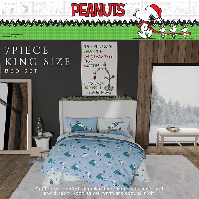 Collectibles Peanuts Snoopy Puffer Holiday & Christmas Bedding Super Soft Comforter and Sheet Set with Sham, 7 Piece King Size (Officially Licensed Product) By Franco