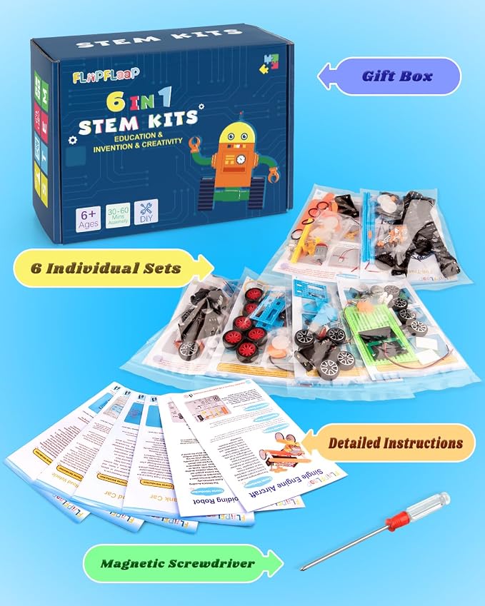 6-in-1 STEM Kit for Kids Ages 6-12, STEM Toys for Boys Ages 8-12, Robot Building Kit & Car Crafts for Kids, Science Activities Robotics Kits for 6 7 8 9 10 12 Year Old Boys Girl Birthday Gifts