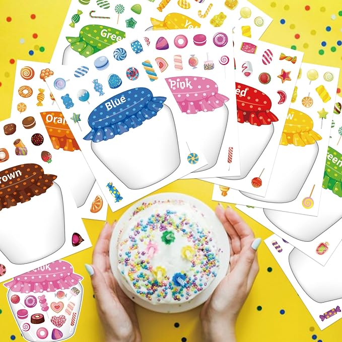 24 Sheets Candy Stickers Colorful, Make Your Own Sweets Jar Sticker for Kids, 8 Color Designs Candy Party Sweets Themed Dessert, Teacher Reward Decals for Home Classroom