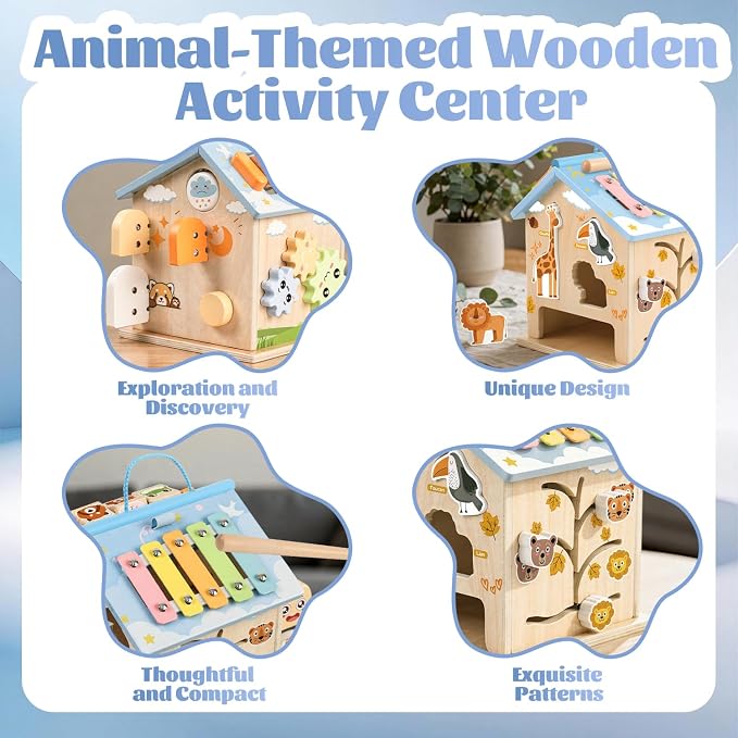 Wooden Activity Cube 8-in-1 Baby Activity Center Montessori Toys for 1 Year Old & Up Educational Learning Toys for Toddlers with Animal Friends