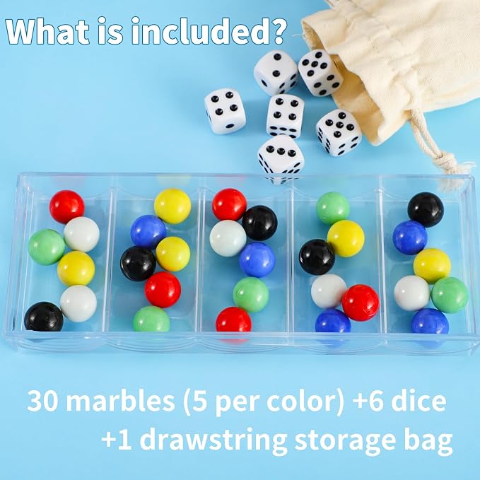 30 PCS Glass Marbles 6 Colors for Wahoo Marble Games and 6 Dices (0.63inches)