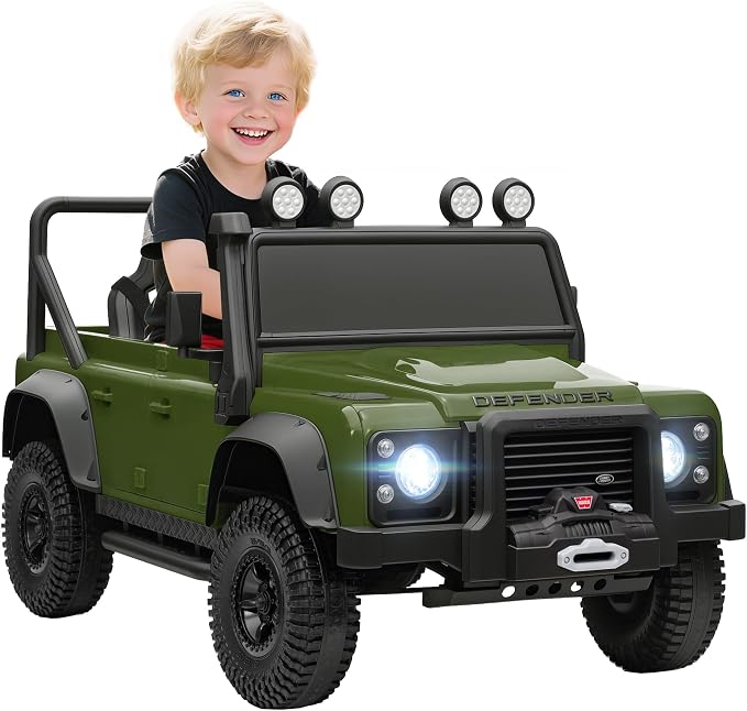 Qaba Land Rover 110SVX Licensed Electric Car for Kids, 12V Battery Powered Kids Ride On Car with Remote Control, Dual Motors, Spring Suspension, LED Lights, 3 Speeds Ride On Truck, Dark Green