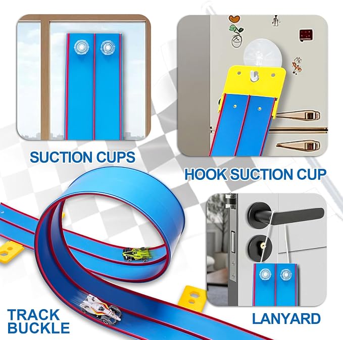 Flexible Race Track Toys for Kids, 15 Ft Double Lane Racetrack with 4 Cars & Suction Cups, Compatible with Hot Wheels & 1/64 Diecast Cars, Portable Roll Up Car Ramp Track Set for Ages 3+(Blue & Red)