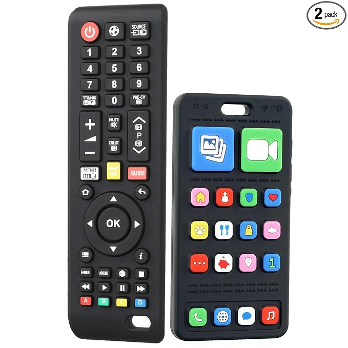 Baby Teether Toy Play Phone and TV Remote Control Shape Teething Toys for Babies 3-24 Months, Chew Toys for Infants Teething Relief, Freezer BPA Free