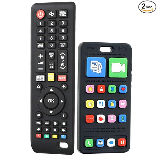 Baby Teether Toy Play Phone and TV Remote Control Shape Teething Toys for Babies 3-24 Months, Chew Toys for Infants Teething Relief, Freezer BPA Free