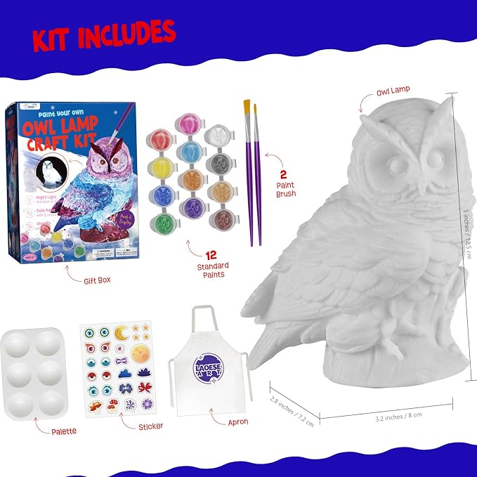 LAOESE Paint Your Own Owl Lamp Kit, Art Supplies Painting Kits for Kids 6-12, Arts and Crafts for Kids Ages 8-12, Owl Toy Girls Boys Birthday Gifts for Kids Ages 3 4 5 6 7 8 9 10 11 12+