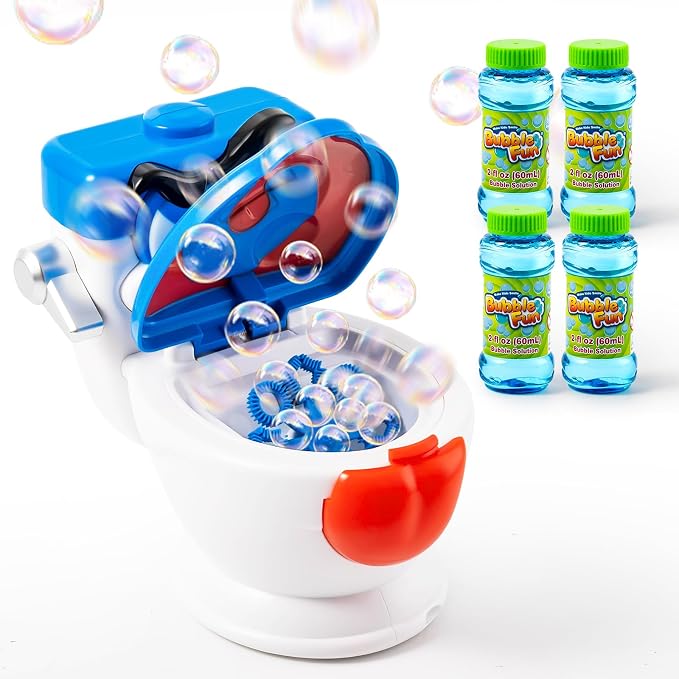 Funny Toilet Bubble Machine with Flushing and Gurgling Sounds, Automatic Bubble Blower, Bubble Maker for Kids Toddlers, Leak-Resistant Outdoor Toy with 2oz x 4 Bubble Solution for Birthday Gift Party