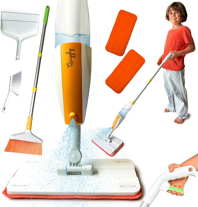 Quiggly Big Kid Toy Cleaning Set - Spray Mop, Broom, Dustpan, Ages 5-8 | Plus brush, one-hand squeeze & spray, Montessori cleaning 4-piece tool kit