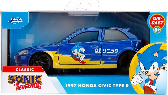 Jada Toys Sonic the Hedgehog with 1997 Honda Civic Type-R Die-Cast Car – 1:32 Scale, Highly Detailed Collectible Model with Sonic Figure, for Ages 8+