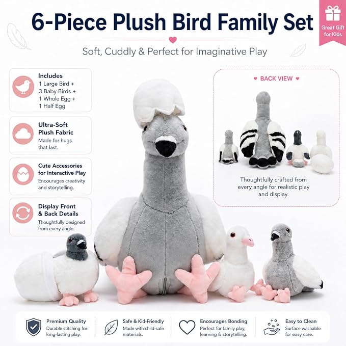 Tezituor 6-Piece Pigeon Stuffed Animal Set,Realistic Pigeon Plush Toy with 3 Baby Birds and Eggs,Soft Cuddly Dove Bird Plushie for Kids Girls Boys,Easter Valentine’s Day Christmas Birthday Gift, Grey
