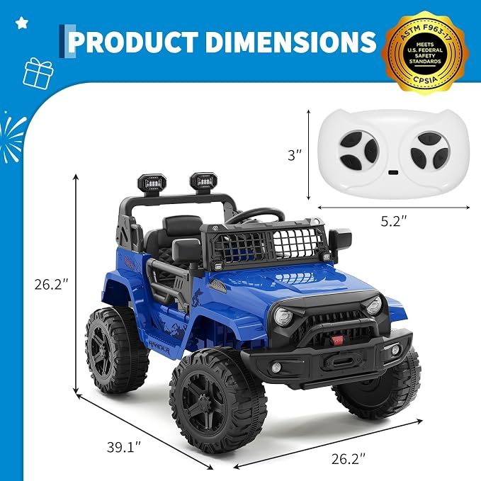 Hetoy 12V Ride on Toys with Parent Remote Control Toddler Electric Vehicle with Spring Suspension, LED Lights, Bluetooth, Music Player, 3 Speeds Ride on Car Truck for Kids Age 3-8 (Blue)