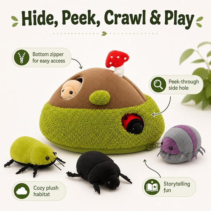 Bug Plush Toy Set, 5 Beetle Stuffed Animals with Dirt Mound Plushie, Hide and Seek Zipper Storage Habitat, Ladybug and Roly Poly Plush Toys, Gift for Kids Insect Lovers, 12 Inch