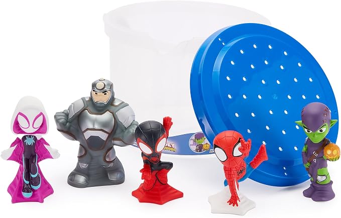 Disney Store Official Spidey and His Amazing Friends Bath Toys Set - Includes 5 Detailed Toys with a Straining Storage Bucket - Bath Time Fun and Water Play Set for Kids