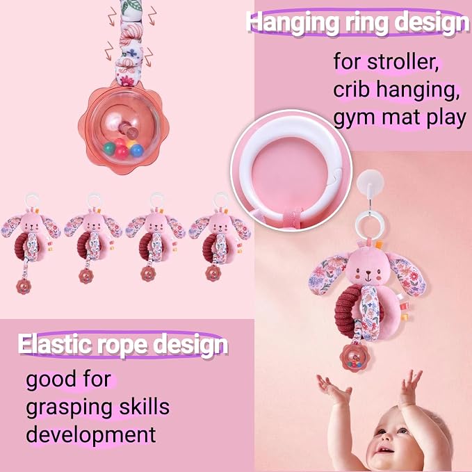 Baby Spiral Car Seat Toys for Babies 0-6 Months Girl, Stroller Hanging Stuffed Animal Carseat Crinkle Rabbit Toy 0-3-4-5-6-7-8-9-12 Month, Newborn Infant Toddler Birthday Gifts Set Bunny 3PCS
