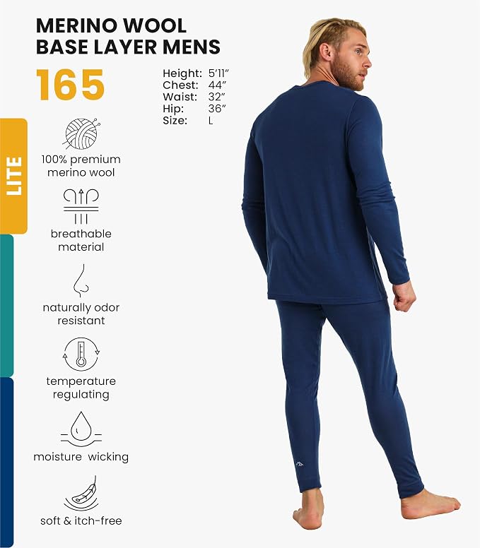 Merino.tech Merino Wool Base Layer Mens Set - Heavyweight, Midweight, Lite Merino Wool Thermal Underwear For Men Top, Bottom