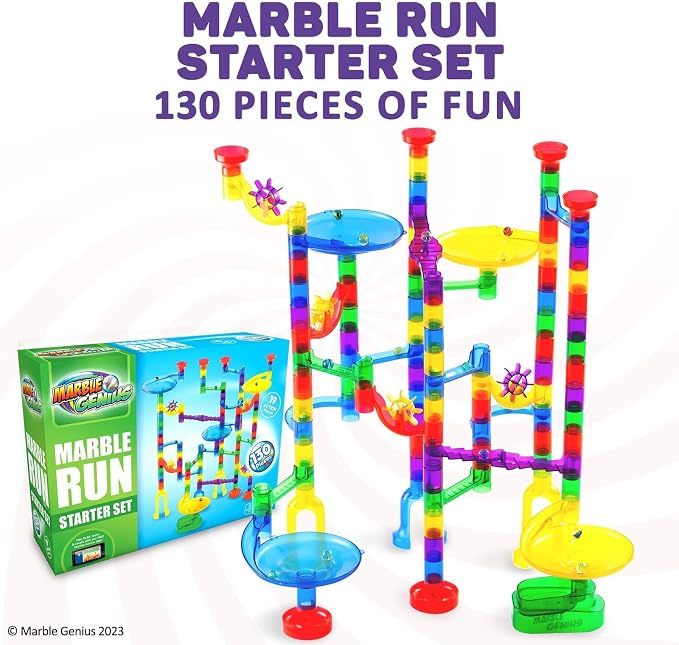 Marble Genius Marble Run Starter Set, STEM Toys & Maze Construction Building - 130 Translucent Track Pieces & Glass Marbles for Family, Kids Toddlers Ages 4-8 - Fun Gifts