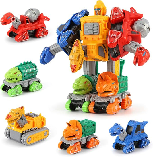 Dinosaur Toys for 3 4 5 6 Year Old Boys– 5-in-1 Detachable Construction Vehicles Set–Transform Robot Kids Toys Cars– Easy DIY Toys for Ages 5+ – Gifts for Boys Girls Birthday Christmas Easter